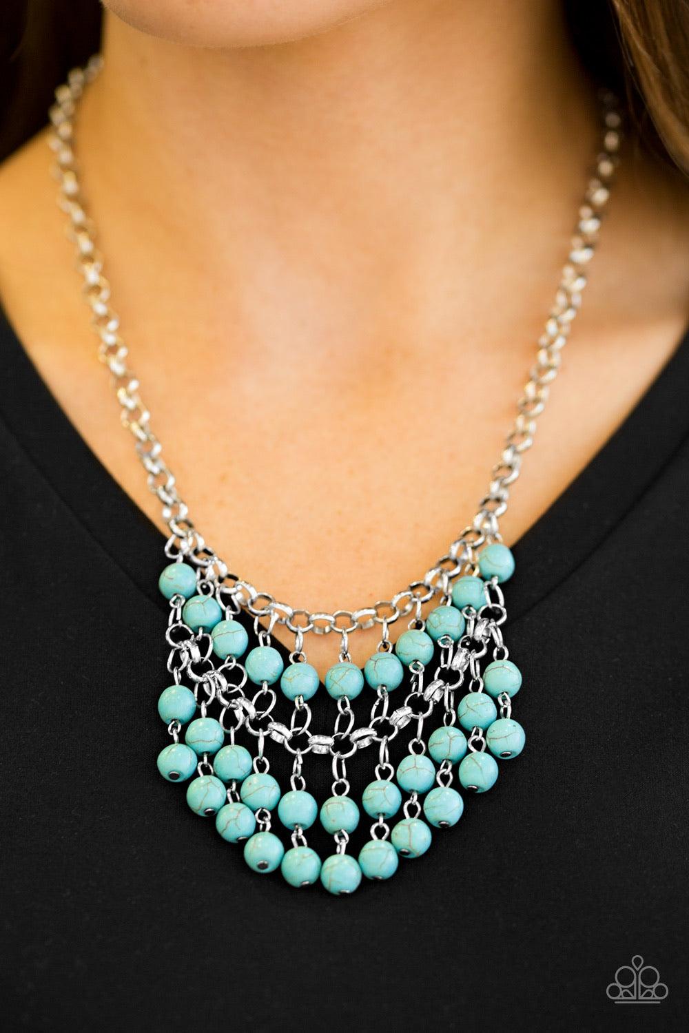 Paparazzi Accessories Jurassic Park Party - Blue Refreshing turquoise stone beads swing from the bottom of a netted silver chain, creating a bold artisanal fringe below the collar. Features an adjustable clasp closure. Sold as one individual necklace. Inc