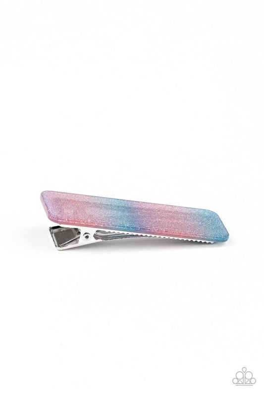 Paparazzi Accessories Stellar Rainbows - Multi Featuring a stellar sparkle, streaks of blue, silver, pink, and purple coalesce into a colorful acrylic frame. Features a standard hair clip. Hair Accessories
