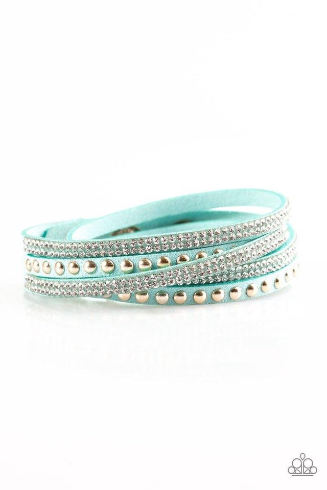 Paparazzi Accessories I Bold You So! - Blue Rows of glassy white rhinestones and glistening gold studs are pressed along three strands of minty green suede for a sassy look. The elongated band allows for a trendy double wrap design. Features an adjustable