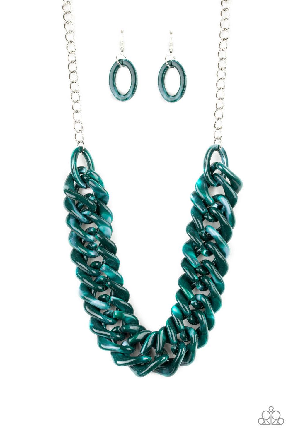 Paparazzi Accessories Comin In HAUTE - Green Brushed in a faux marble finish, square green acrylic links subtlety twist as they link below the collar for a colorful statement-making look. Features an adjustable clasp closure. Jewelry