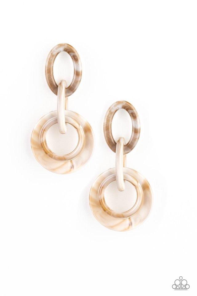 Paparazzi Accessories Havana HAUTE Spot - Brown Brushed in a colorful faux marble finish, shiny brown hoops connect to a larger frame for a retro look. Earring attaches to a standard post fitting. Sold as one pair of post earrings. Jewelry