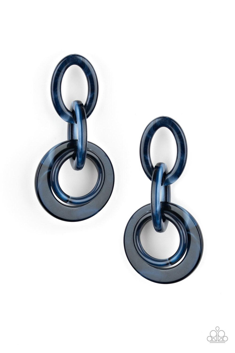 Paparazzi Accessories Havana HAUTE Spot - Blue Brushed in a colorful faux marble finish, shiny blue hoops connect to a larger frame for a retro look. Earring attaches to a standard post fitting. Jewelry