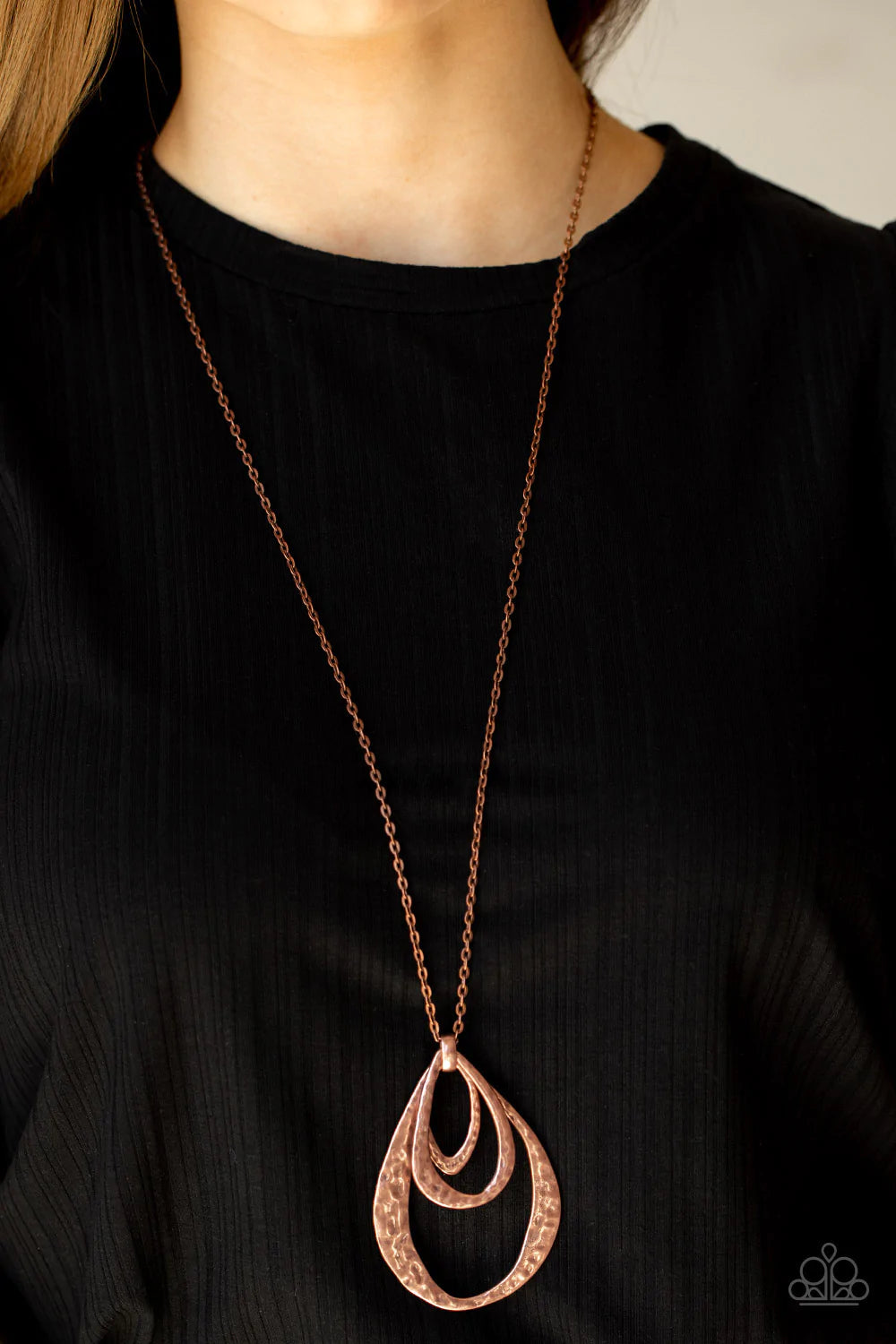 Paparazzi Accessories Relic Renaissance - Copper Hammered in a rustic finish, an oversized collection of asymmetrical copper teardrops layer at the bottom of a lengthened copper chain for an artisan inspired look. Features an adjustable clasp closure. Sol