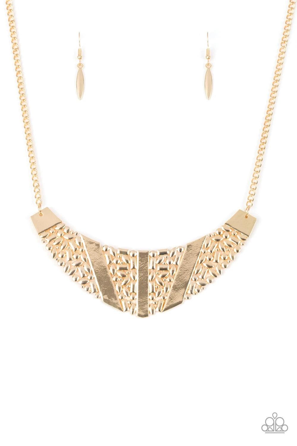 Paparazzi Accessories Terra Trailbreaker ~Gold Varying in shape, a collection of dainty gold frames coalesce into a striking crescent pendant below the collar for a statement making look. Features an adjustable clasp closure. Sold as one individual neckla