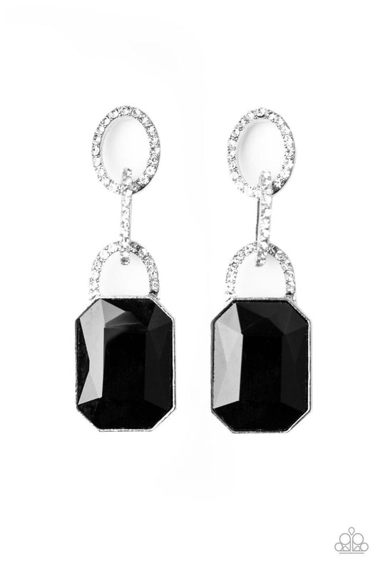 Paparazzi Accessories Superstar Status - Black An oversized black emerald-cut rhinestone swings from the bottom of white rhinestone encrusted links, creating a gorgeously dramatic lure. Earring attaches to a standard post fitting. Jewelry