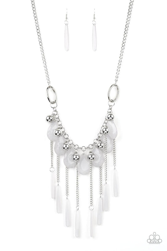 Paparazzi Accessories Roaring Riviera - Silver Shiny silver beads and faceted cloudy teardrops drip from the bottom of a shimmery silver chain below the collar. Flared cloudy beading swings from the bottoms of free-falling silver chains, creating a vivaci