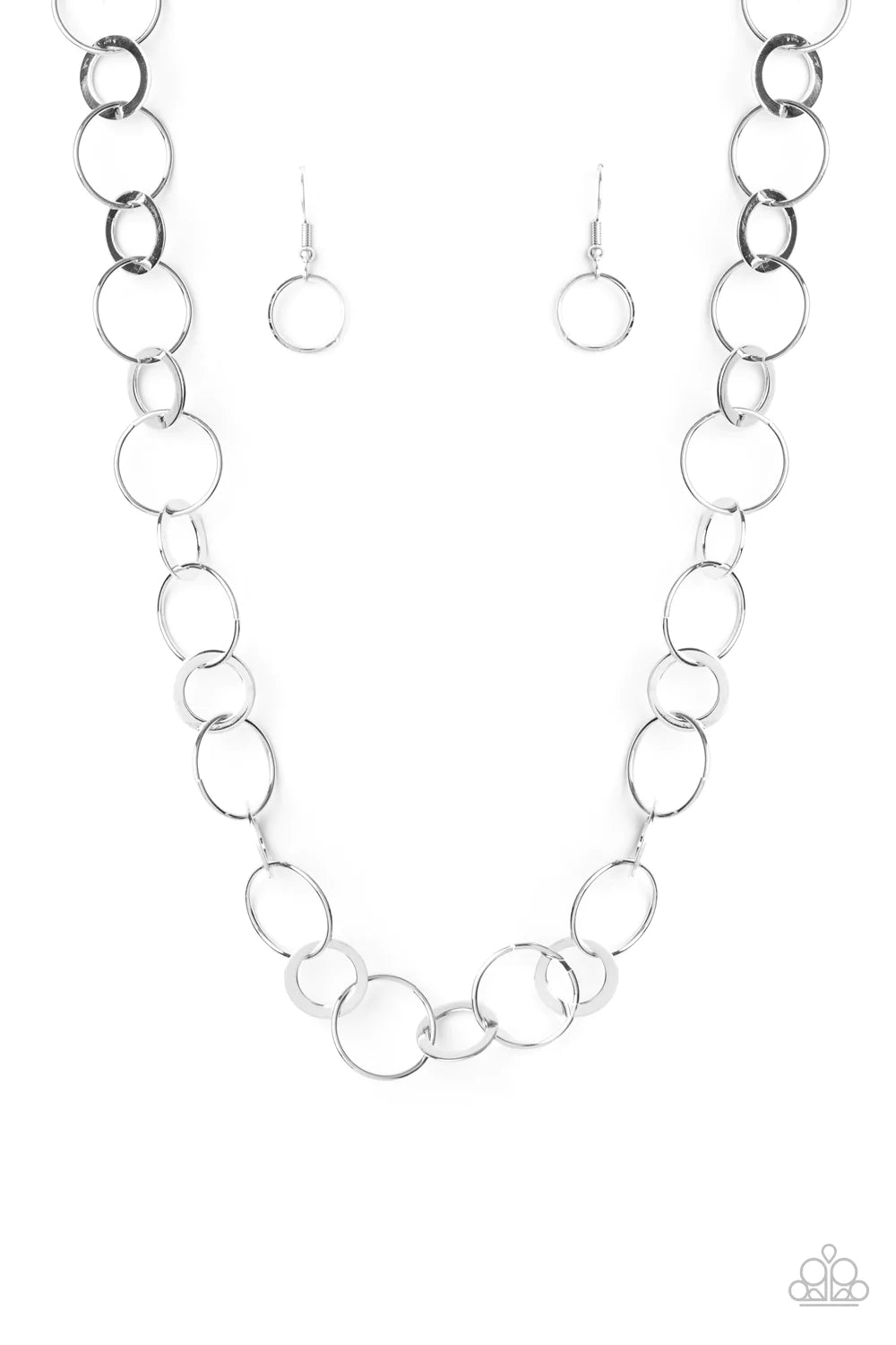Paparazzi Accessories Revolutionary Radiance - Silver Dainty silver hoops and rings delicately link into a chic chain, creating simplistic shimmer below the collar. Features an adjustable clasp closure. Sold as one individual necklace. Includes one pair o