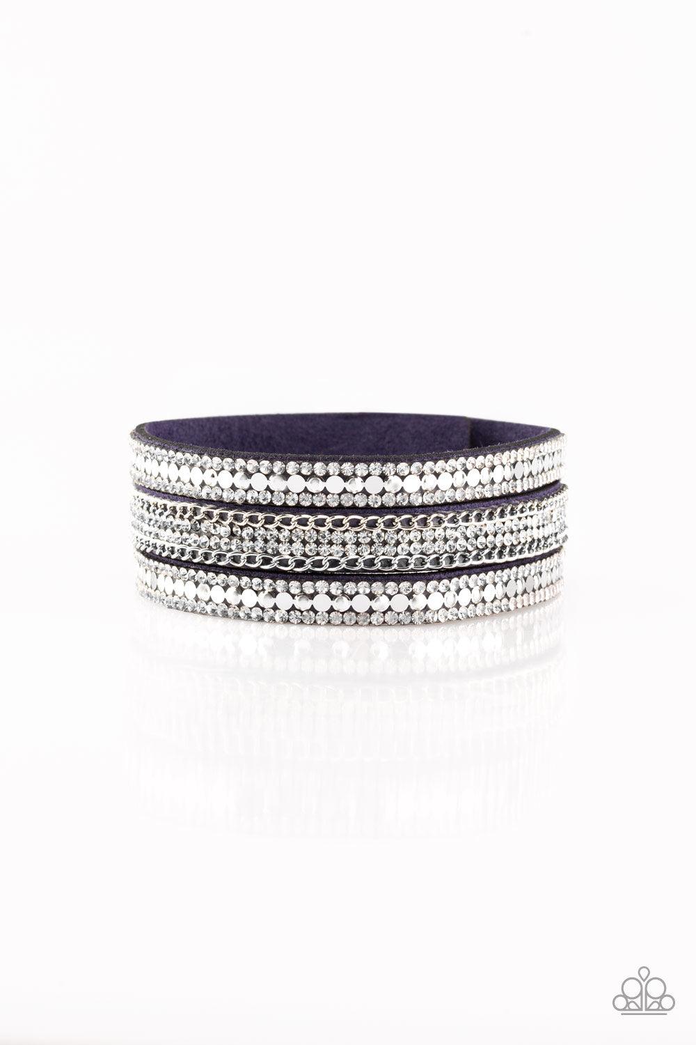 Paparazzi Accessories Fashion Fanatic - Blue Rows of flat silver discs, glassy white rhinestones, and shimmery silver chains are encrusted along blue suede bands for a sassy look. Features an adjustable snap closure. Sold as one individual bracelet. Jewel