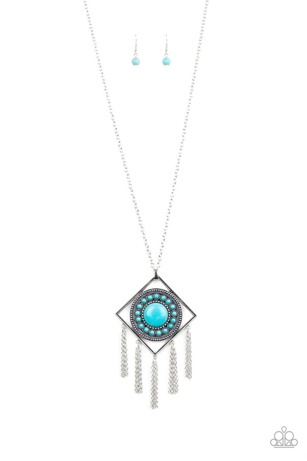 Paparazzi Accessories Sandstone Solstice - Blue Radiating with studded details and refreshing turquoise stones, a round frame is nestled inside of an airy silver square for a tribal inspired look. Attached to a lengthened silver chain, the colorful stone