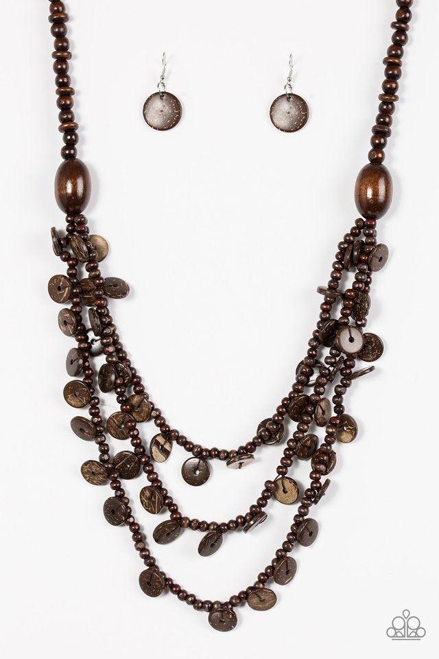 Paparazzi Accessories Safari Samba - Brown Brushed in an earthy brown finish, two bold wooden beads give way to summery layers. Brushed in a distressed finish, dainty wooden discs swing from the bottom of the layers for a flirty finish. Jewelry