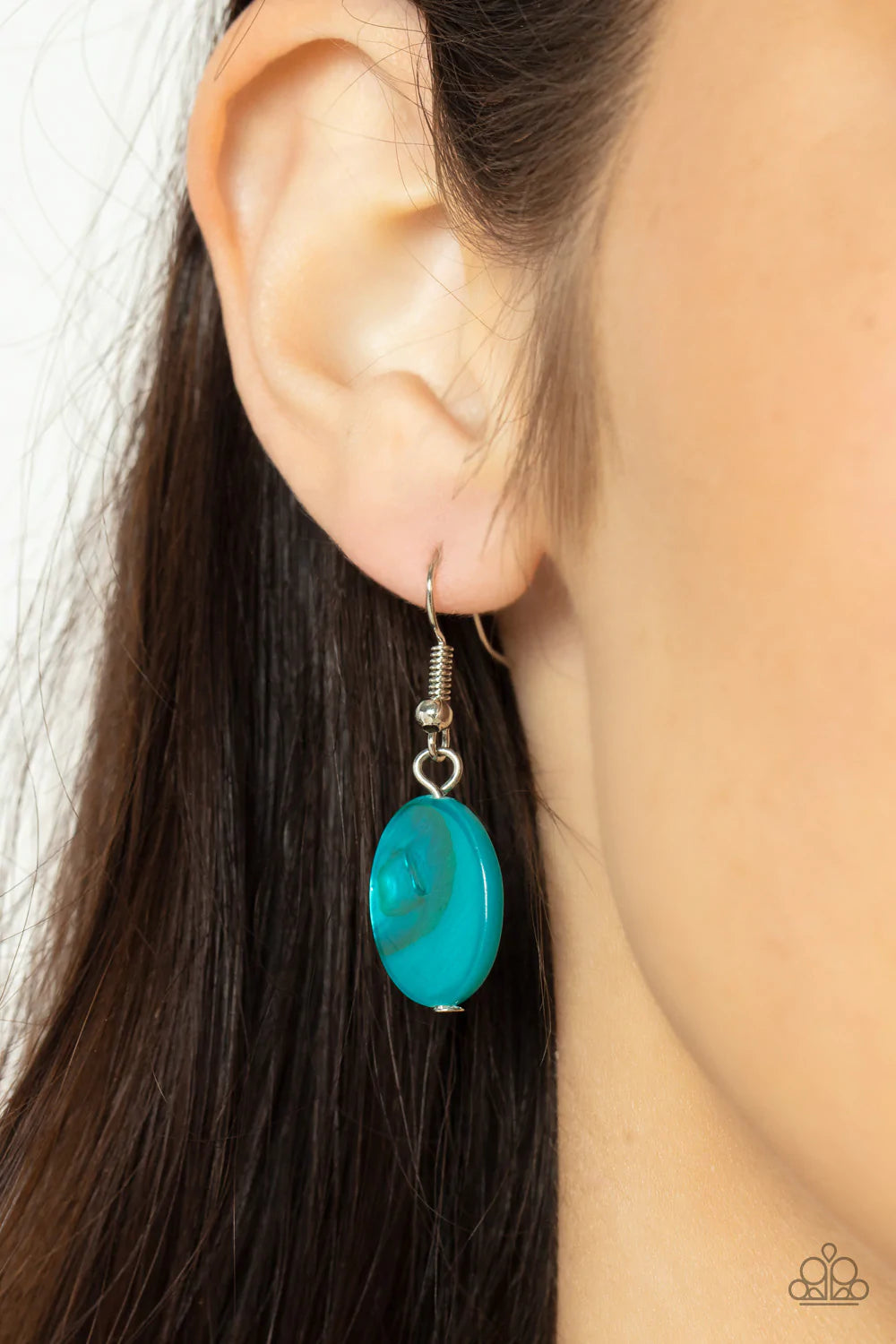 Paparazzi Accessories Barefoot And Beachbound - Blue A strand of silver pebble beads and blue shell-like discs layer with two mismatched silver chains across the chest, adding a seasonal pop of color to any outfit. Features an adjustable clasp closure. So