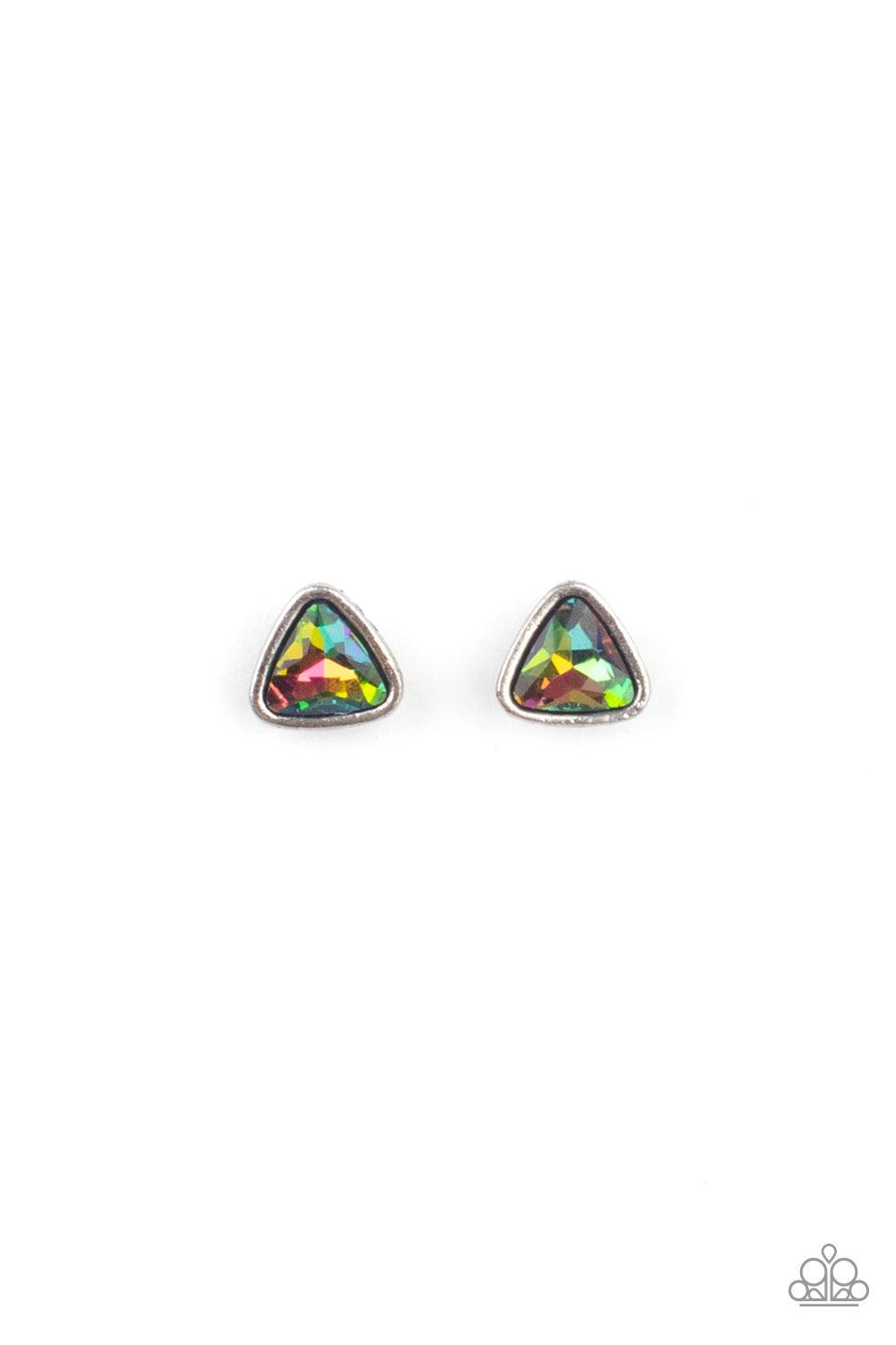 Paparazzi Accessories Starlet Shimmer Earrings # 28 Featuring pronged gunmetal fittings, the oil spill rhinestone centers vary in round, square, teardrop, triangular, oval, and marquise style cuts. Earrings attach to standard post fittings. Jewelry