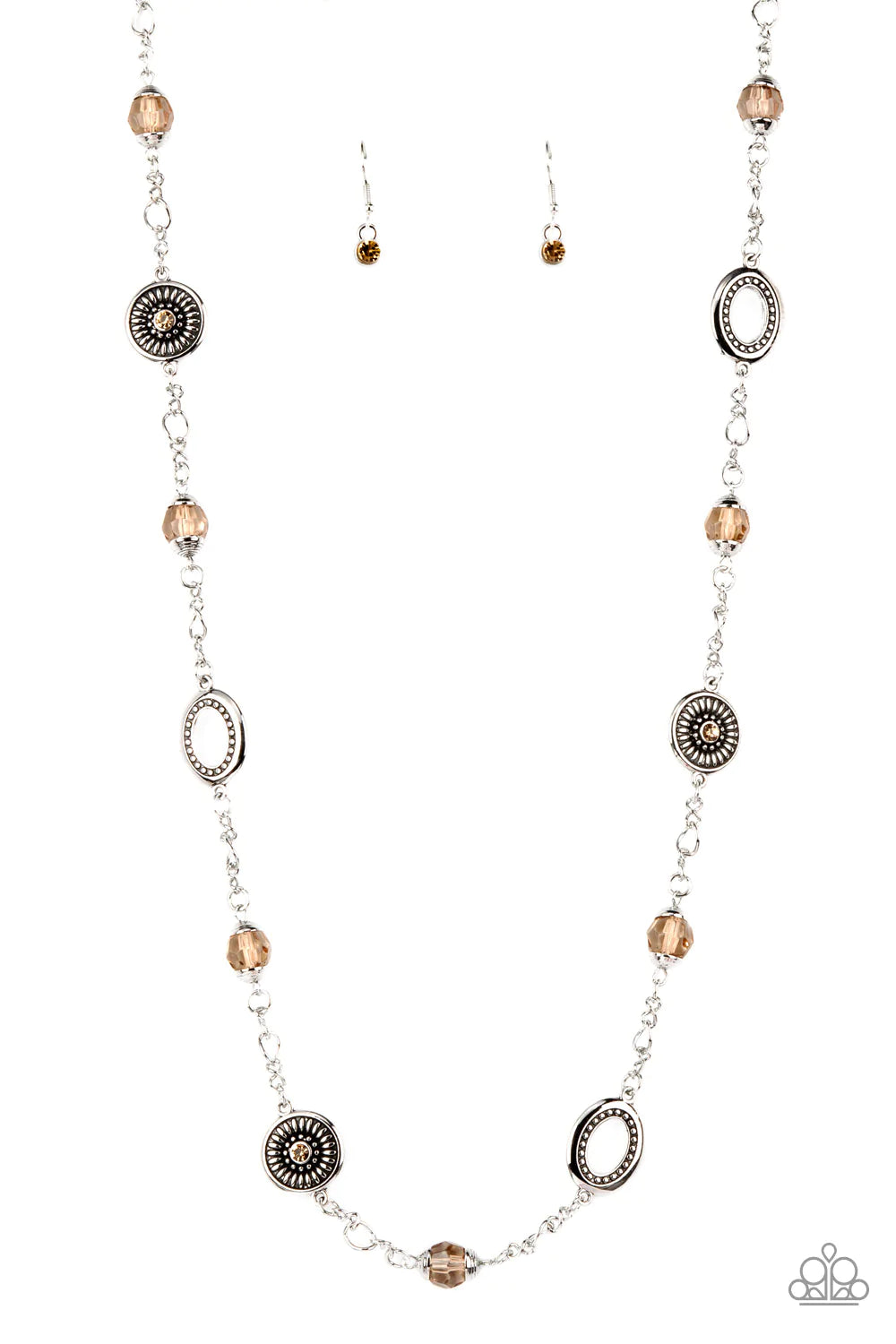 Paparazzi Accessories Glammed Up Goals - Brown Faceted smoky topaz beads capped in silver accents and antiqued silver medallions dotted with smoky topaz rhinestone centers and radiating texture alternate with sections of silver chain creating a charismati