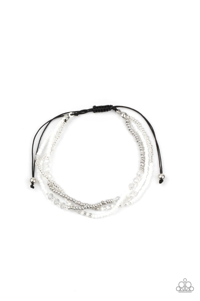 Paparazzi Accessories BEAD Me Up Scotty! - White Three strands of silver and white micro beads accented with sparkling clear multi-faceted beads give off a space-age vibe. Features an adjustable sliding knot closure. Sold as one individual bracelet. Jewel