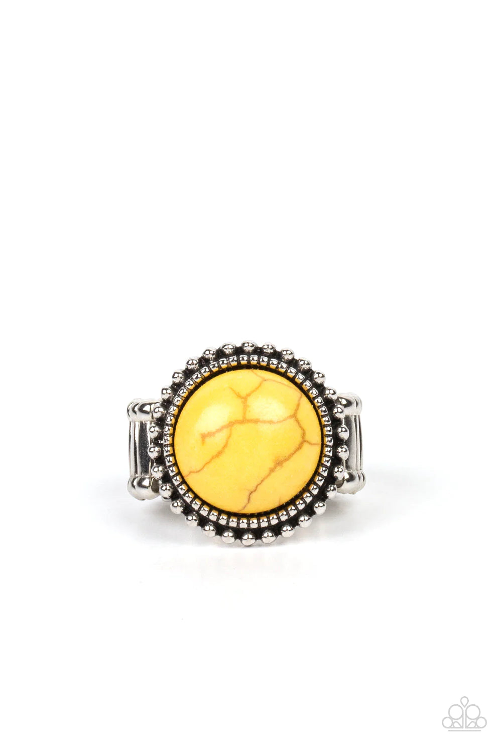 Paparazzi Accessories Messa Mecca - Yellow A round Daffodil stone bursts from a dainty border of textured silver. An outer ring of rustic silver studs radiates around the design, adding an authentic flair to the artisan-inspired centerpiece. Features a st
