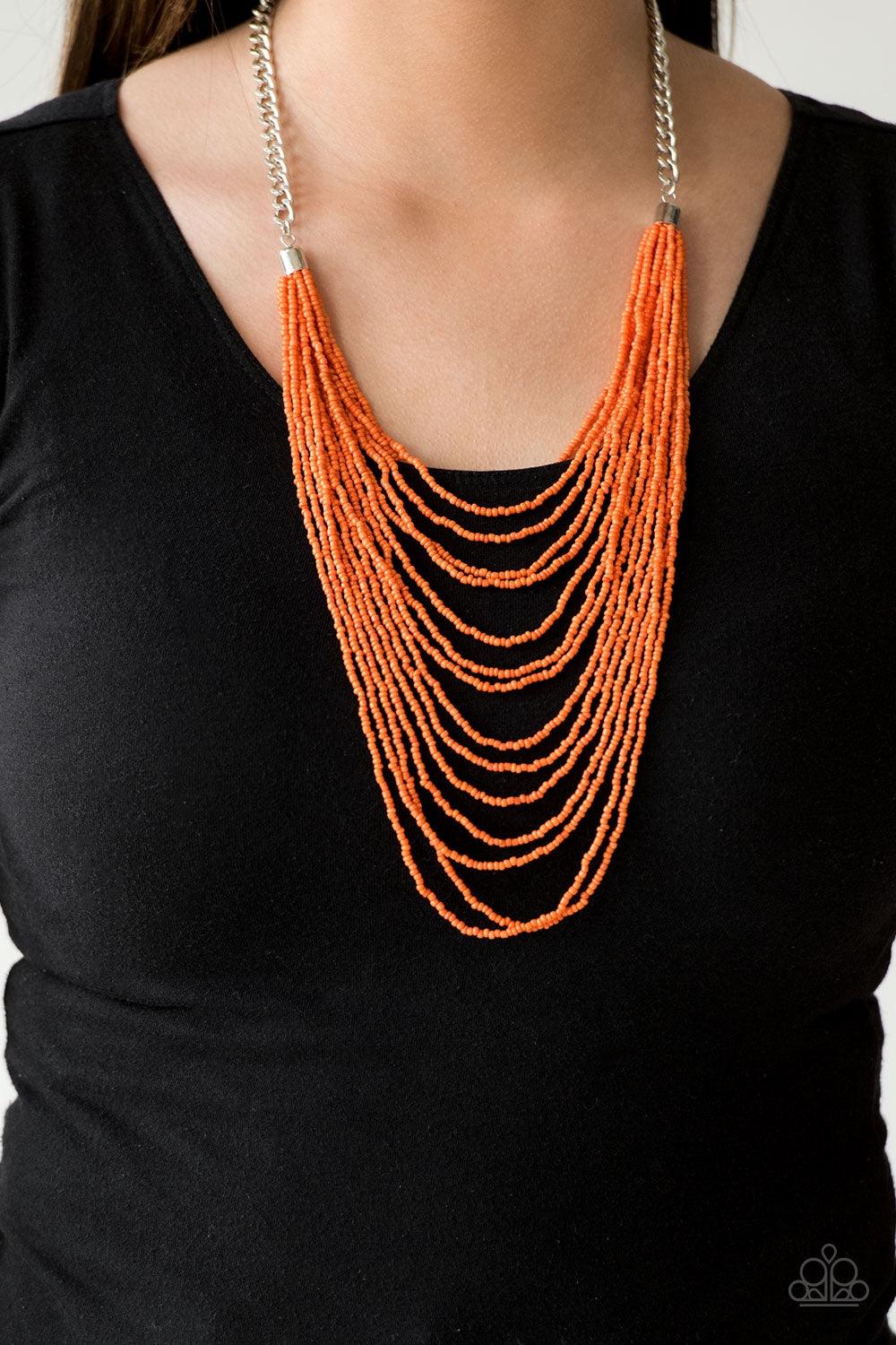 Paparazzi Accessories Bora Bombora - Orange Row after row of vivacious orange seed beads cascade down the chest, creating summery layers. Features an adjustable clasp closure. Jewelry