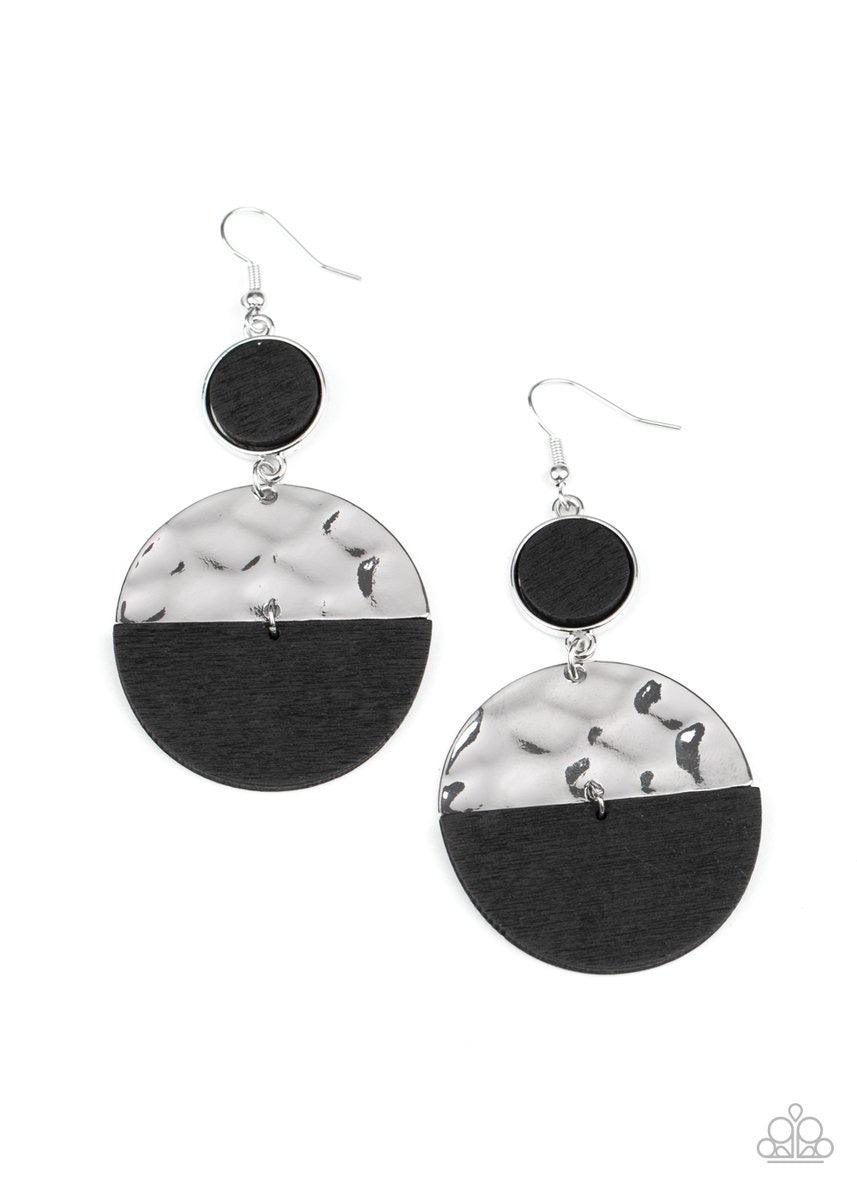 Paparazzi Accessories Natural Element - Black A black wooden crescent and hammered silver crescent link at the bottom of a round silver frame dotted with a black wooden center for an earthy flair. Earring attaches to a standard fishhook fitting. Sold as o
