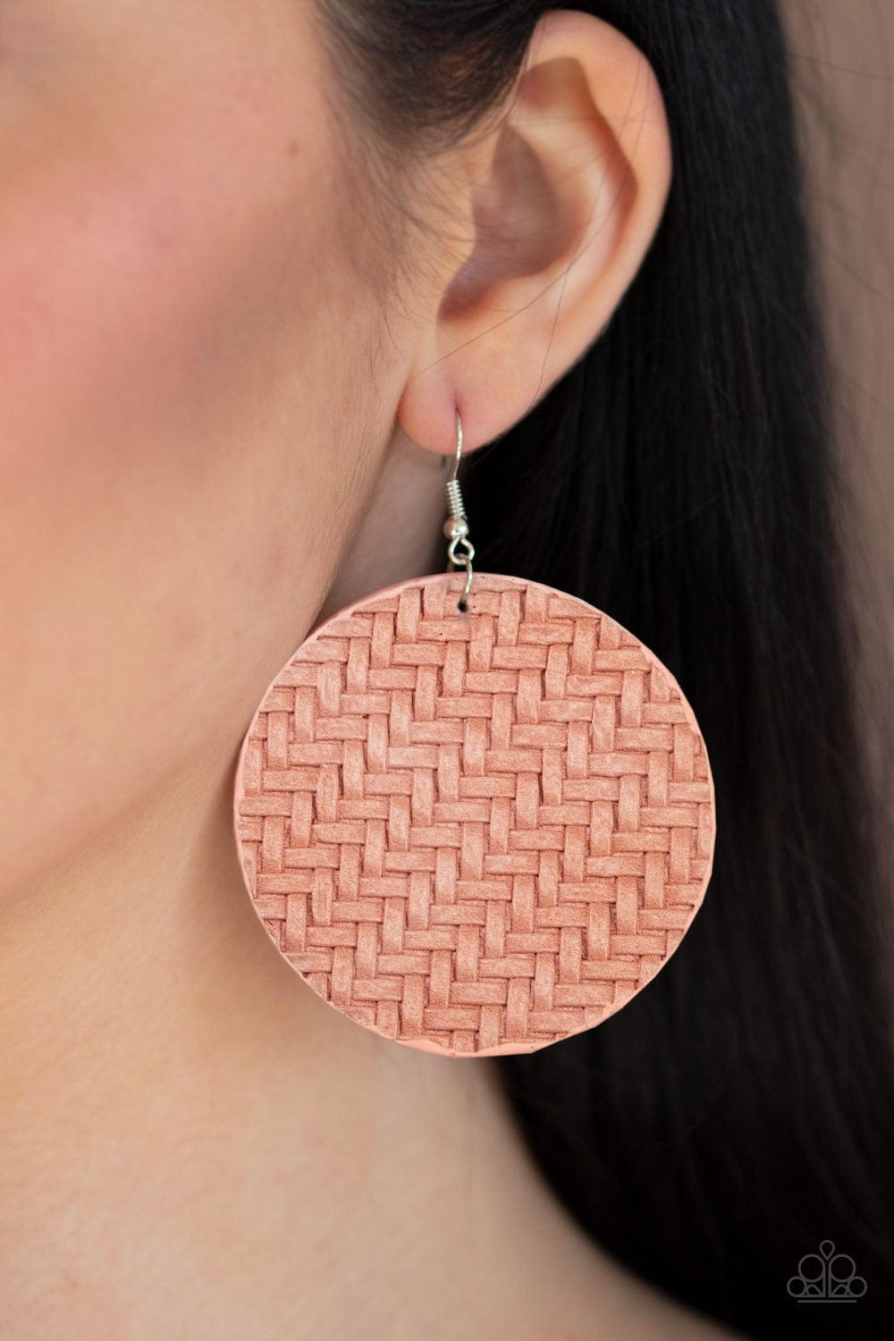 Paparazzi Accessories Plaited Plains - Pink Coral Pink leather-like laces weave into a plaited frame for a seasonal flair. Earring attaches to a standard fishhook fitting. Jewelry