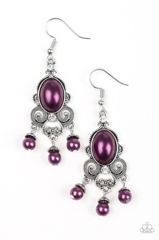 Paparazzi Accessories I Better Get GLOWING - Purple Dotted silver filigree spins around a pearly purple bead and dainty white rhinestones, coalescing into a regal frame. A pearly fringe swings from the bottom of the frame for a refined finish. Earring att