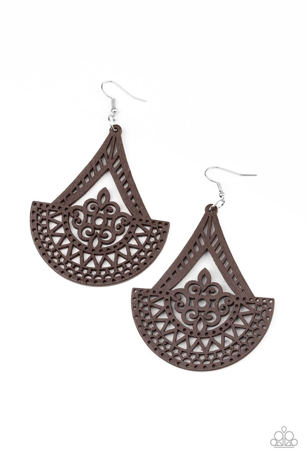 Paparazzi Accessories Tiki Sunrise - Brown Stenciled in an airy wooden filigree pattern, a decorative frame swings from the ear for a seasonal look. Earring attaches to a standard fishhook fitting. Jewelry
