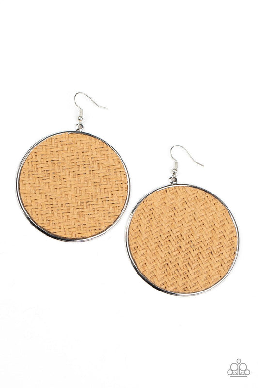 Paparazzi Accessories Wonderfully Woven - Brown Brown twine-like cording weaves across the front of an oversized silver disc for an earthy flair. Earring attaches to a standard fishhook fitting. Sold as one pair of earrings. Jewelry