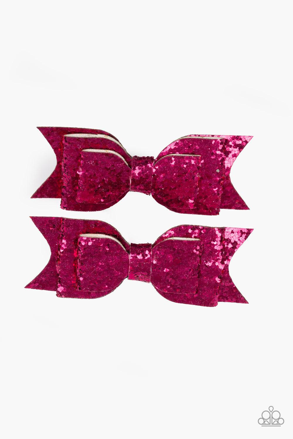 Paparazzi Accessories Sugar And Spice - Pink Dusted in dainty pink sequins, glittery ribbons knot into a pair of flirtatious hair bows. Features a standard hair clip on the back. Hair Accessories
