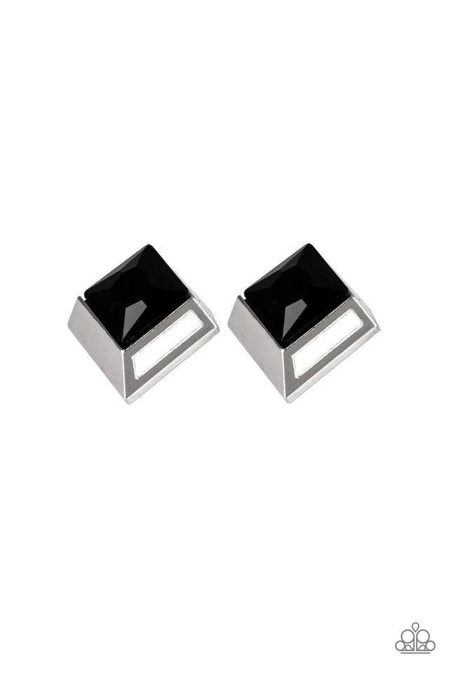 Paparazzi Accessories Stellar Square - Black Featuring a refined square-cut, a faceted black rhinestone is pressed into a 3-dimensional silver frame for an edgy look. Earring attaches to a standard post fitting. Jewelry