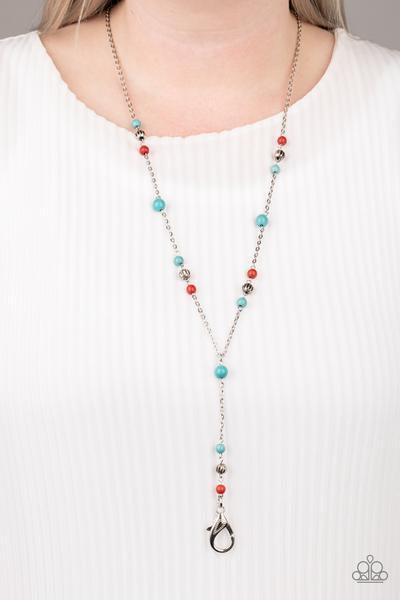 Paparazzi Accessories Sandstone Savannah - Multi *Lanyard Infused with ornate silver beads, refreshing turquoise and fiery red stones trickle along a shimmery silver chain for a seasonal look. A lobster clasp hangs from the bottom of the design to allow a