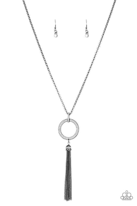 Paparazzi Accessories Straight To The Top - Black Encrusted in dazzling white rhinestones, a shimmery gunmetal hoop swings from the bottom of an elegantly elongated gunmetal chain for a refined look. A glistening gunmetal tassel swings from the bottom of