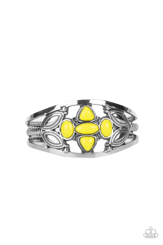 Paparazzi Accessories Caribbean Cabana - Yellow A shapely assortment of Illuminating acrylic beads adorn the center of a layered silver cuff adorned in leafy silver texture, creating a vivacious pop of color around the wrist. Sold as one individual bracel