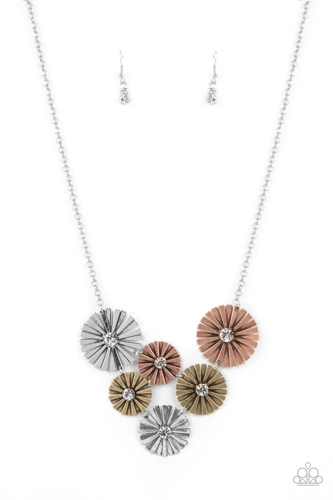 Paparazzi Accessories Flauntable Fanfare - Multi Dotted with white rhinestone centers, an antiqued collection of ribbed brass, copper, and silver floral frames fan out below the collar for a flawless look. Features an adjustable clasp closure. Sold as one