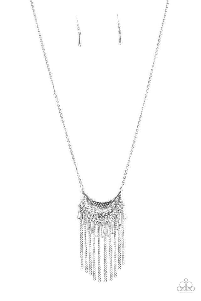 Paparazzi Accessories Happy is the Huntress - Silver Radiating in linear textures, a glistening silver crescent swings from the bottom of a lengthened silver chain. Shimmery silver chains and flared silver beading swings from the bottom of the tribal insp