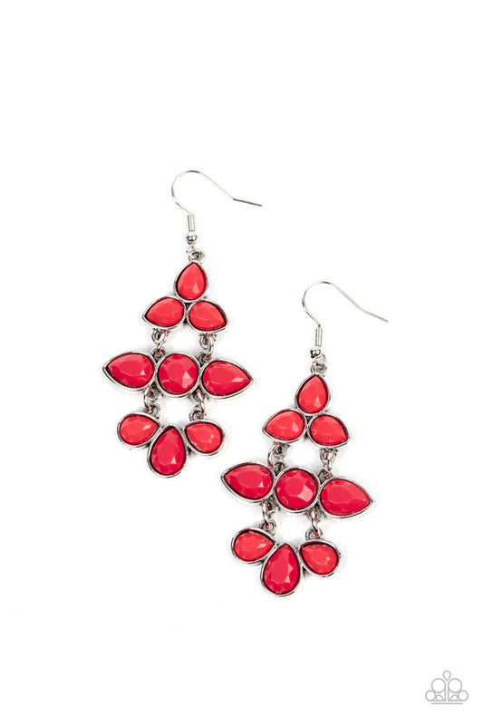 Paparazzi Accessories Bay Breezin - Red Encased in sleek silver frames, faceted red teardrop and round beads delicately stack and link into a timelessly tiered chandelier. Earring attaches to a standard fishhook fitting. Sold as one pair of earrings. Jewe