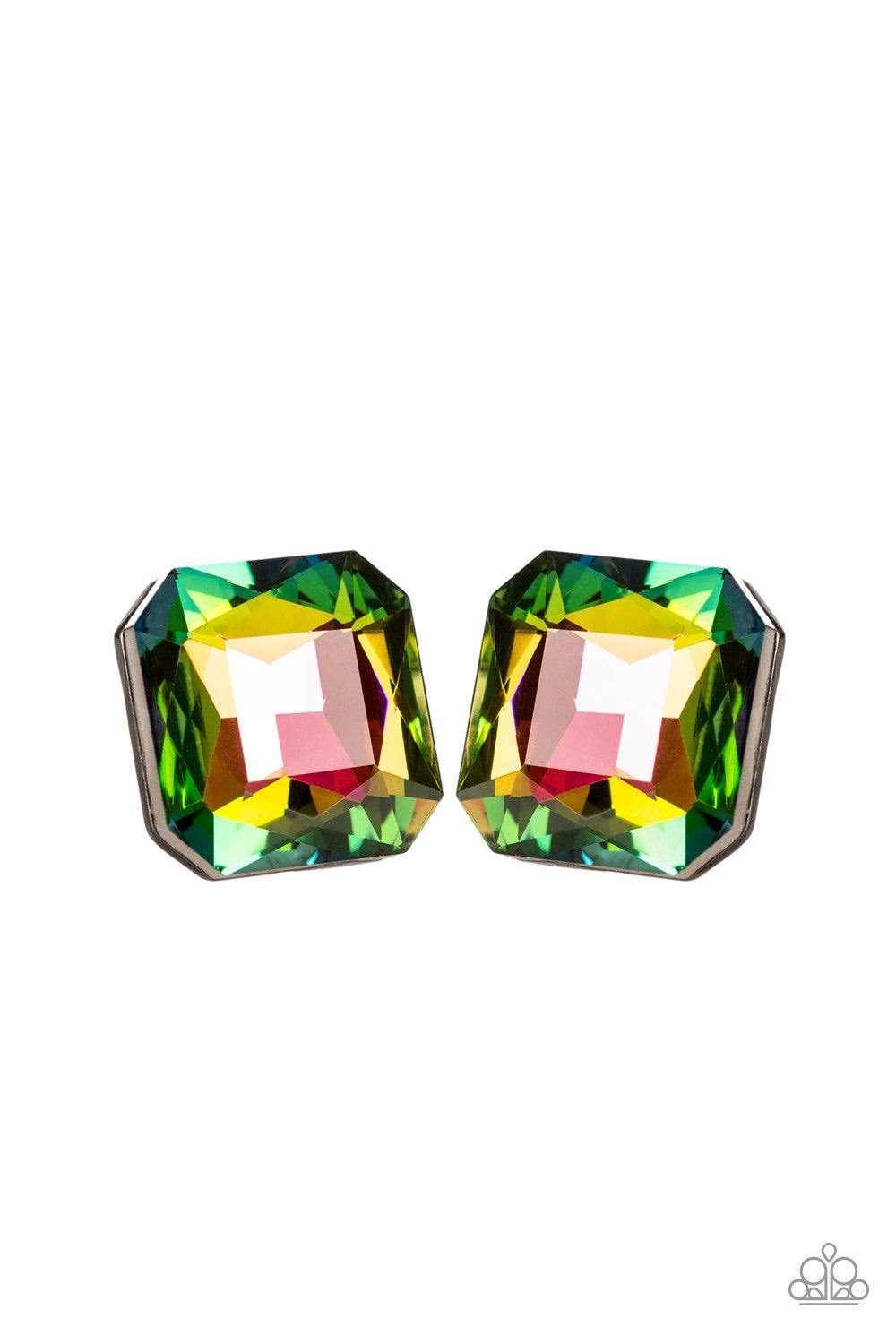 Paparazzi Accessories Show Glow - Multi Featuring a rainbow iridescence, a dramatically oversized gem is nestled inside a double stacked gunmetal frame for a show-stopping glare. Earring attaches to a standard post fitting. Jewelry