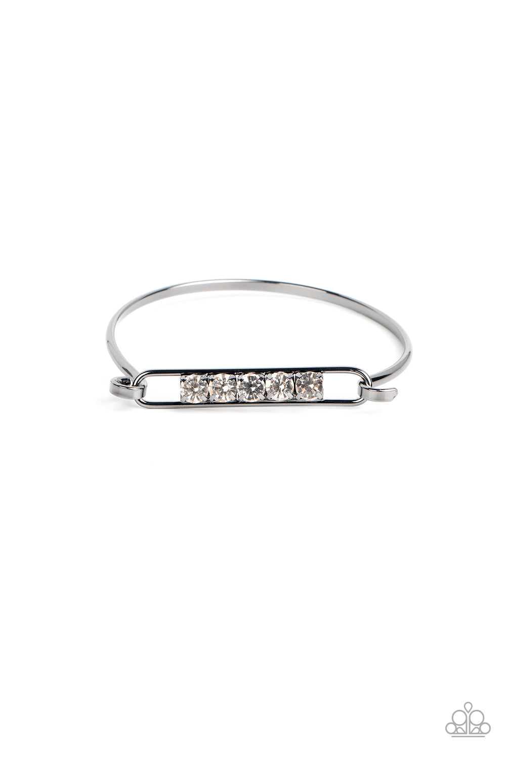 Paparazzi Accessories In CHARM’S Way - Black Encased in gunmetal square fittings, a row of glassy white rhinestones are fitted in place along an airy gunmetal frame that hinges to the center of a bangle-like bracelet for a timeless finish. Features a hing