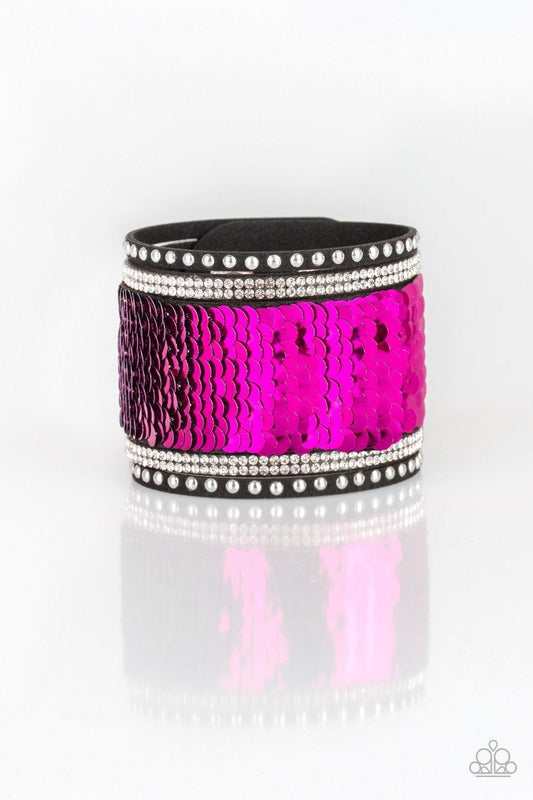 Paparazzi Accessories MERMAIDS Have More Fun - Pink Shiny silver studs, glassy white rhinestones, and shimmering sequins are sprinkled across a thick gray suede band that has been spliced into five glittery rows. Bracelet features reversible sequins that