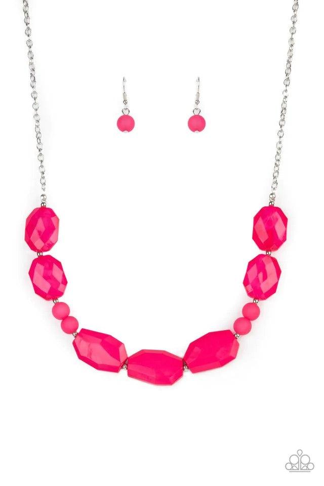 Paparazzi Accessories Melrose Melody - Pink A series of opaque and cloudy faceted Raspberry Sorbet beads are threaded along an invisible wire. Dainty silver beads add shining accents as they traverse across the collar on a silver chain in a brightly melod