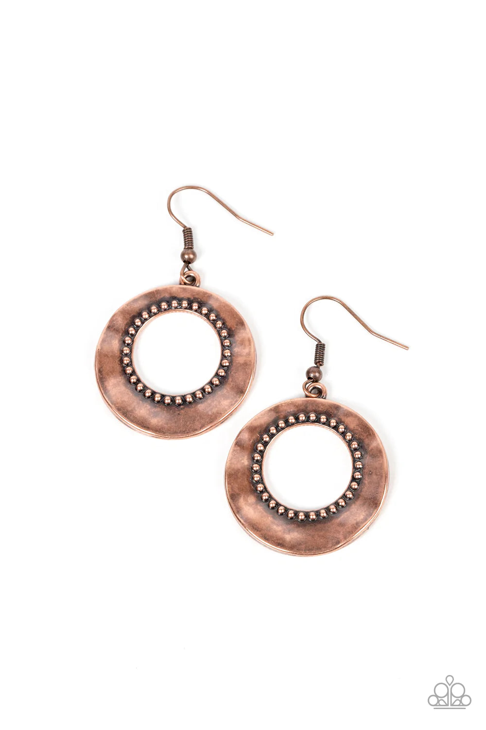 Paparazzi Accessories Desert Diversity - Copper Brushed in a burnished finish, a warped copper disc ripples around a studded copper center for a rustic flair. Earring attaches to a standard fishhook fitting. Sold as one pair of earrings.
