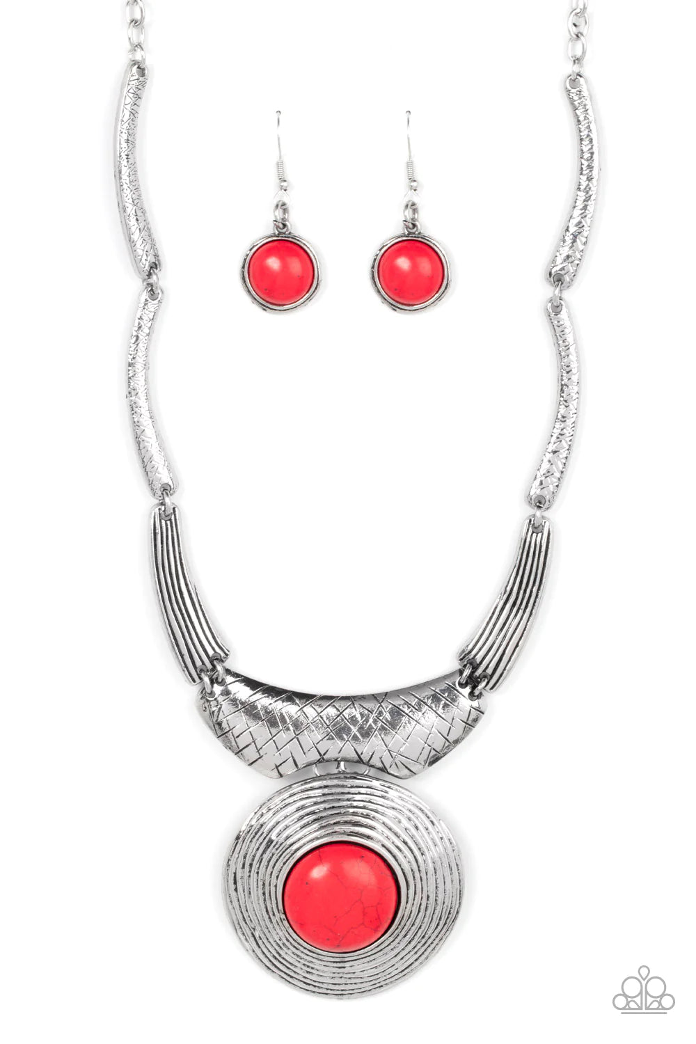 Paparazzi Accessories EMPRESS-ive Resume - Red Featuring hammered, scratched, and linear patterns, an antiqued assortment of gently curving silver frames boldly links below the collar. Dotted with an oversized red stone center, a rustic silver frame radia