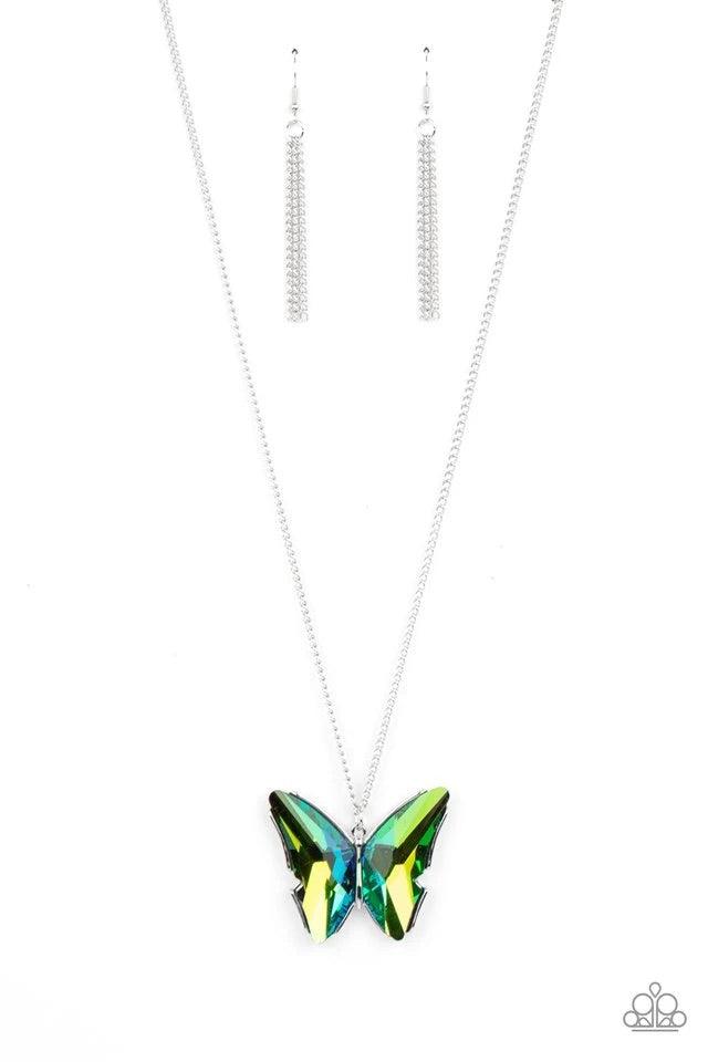 Paparazzi Accessories The Social Butterfly Effect ~Green Featuring a UV effect, dramatically faceted green and blue gems adorn the wings of a silver butterfly, creating an ethereal pendant at the bottom of a lengthened silver chain. Features an adjustable