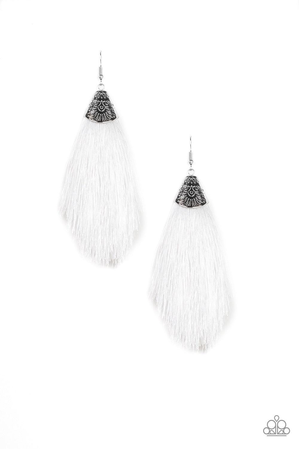 Paparazzi Accessories Tassel Temptress - White A plume of soft white thread is pinched between a shimmery silver fitting stamped in tribal inspired textures, creating a foxy tassel. Earring attaches to a standard fishhook fitting. Jewelry