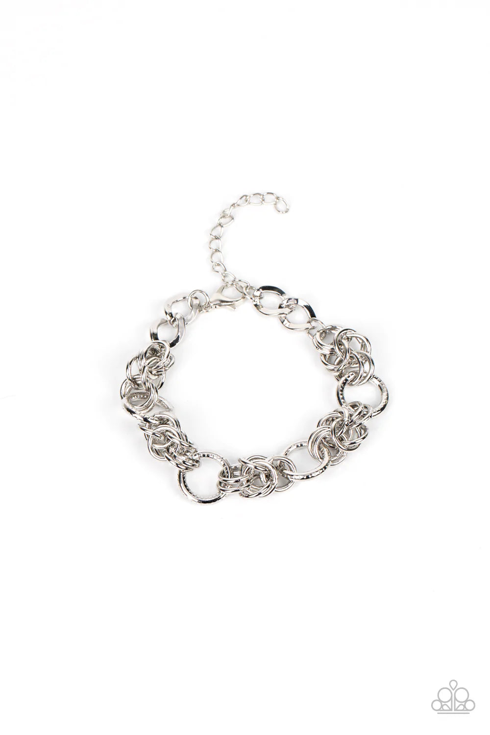 Paparazzi Accessories Big City Chic Gold: Spunky sections of mismatched gold links boldly interlock around the wrist, creating a gritty chain. Features an adjustable clasp closure. Sold as one individual bracelet. Silver: Spunky sections of mismatched sil