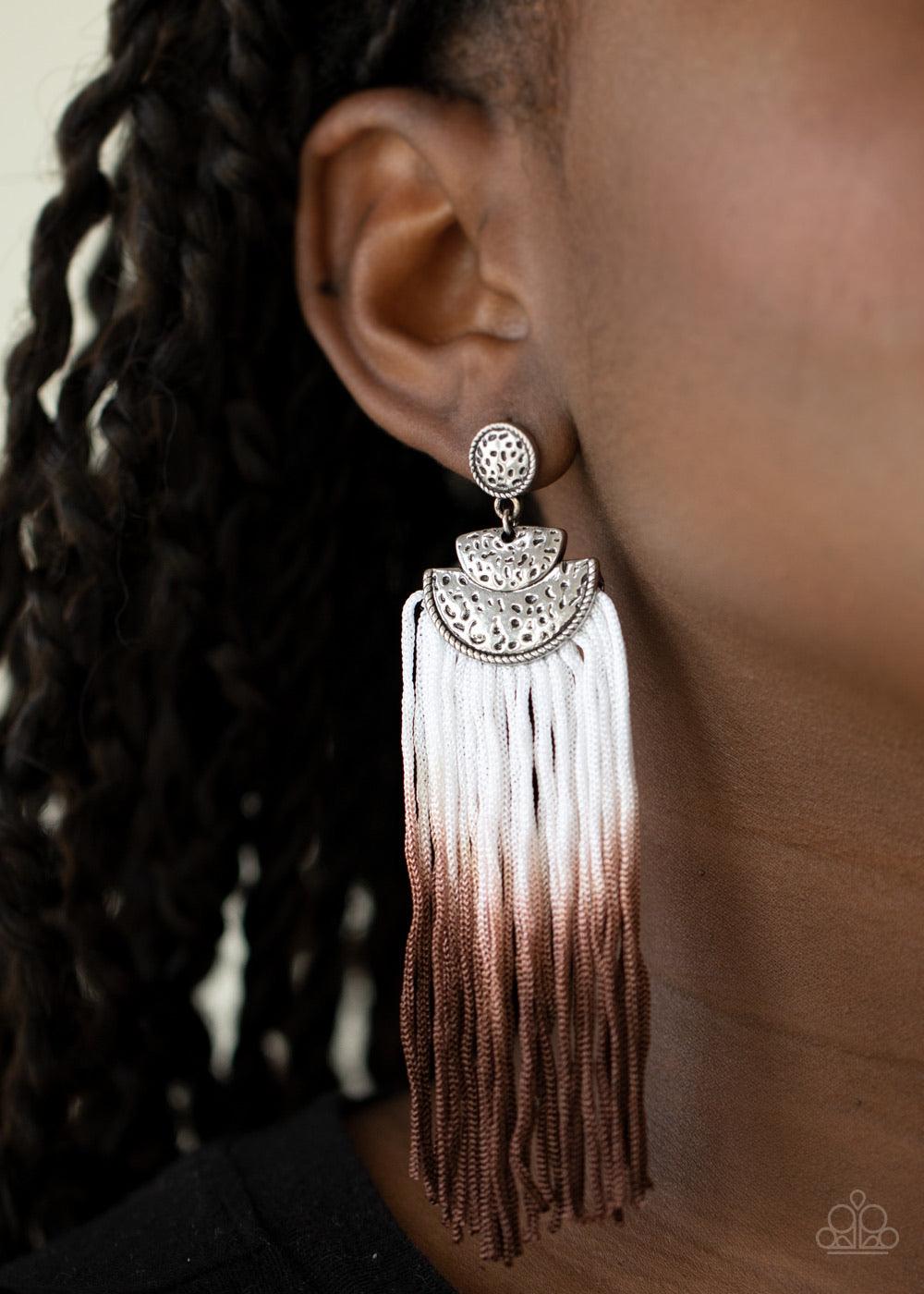 Paparazzi Accessories DIP It Up - Brown Gradually fading from white to brown, shiny cording streams from the bottom of hammered silver frames, creating a colorful fringe. Earring attaches to a standard post fitting. Sold as one pair of post earrings. Jewe