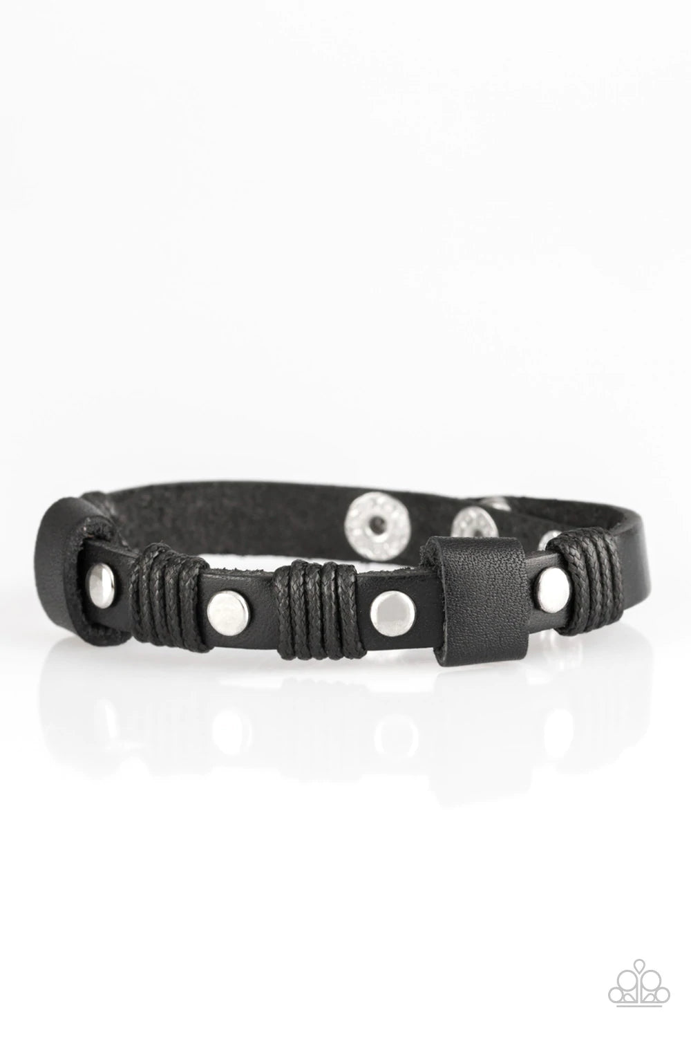 Paparazzi Accessories Road Burner - Black Infused with shimmery silver studs, strips of black twine and leather laces wrap around a black leather band for a rugged look. Features an adjustable snap closure. Sold as one individual bracelet. Jewelry
