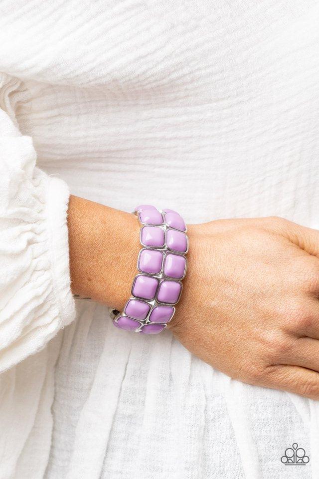 Paparazzi Accessories Double The DIVA-ttitude - Purple Stacks of cubed Amethyst Orchid beaded silver frames are threaded along a stretchy band around the wrist, creating a bubbly pop of color. Jewelry