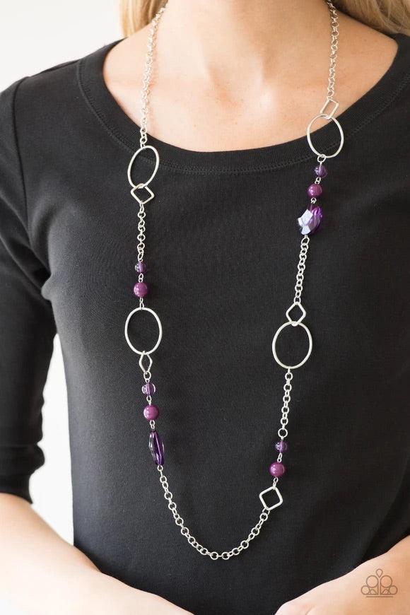 Paparazzi Accessories Very Visionary - Purple Polished and glassy purple beads trickle along a shimmery silver chain featuring round and square frames for a seasonal look. Features an adjustable clasp closure. Sold as one individual necklace. Includes one
