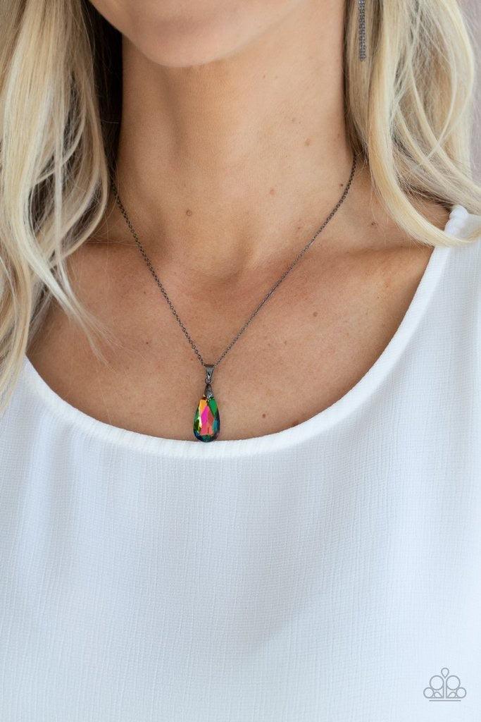 Paparazzi Accessories Optimized Opulence - Multi 2 A glittery oil spill teardrop gem swings from the bottom of a glistening gunmetal chain, creating a stellar pendant below the collar. Features an adjustable clasp closure. Sold as one individual necklace.
