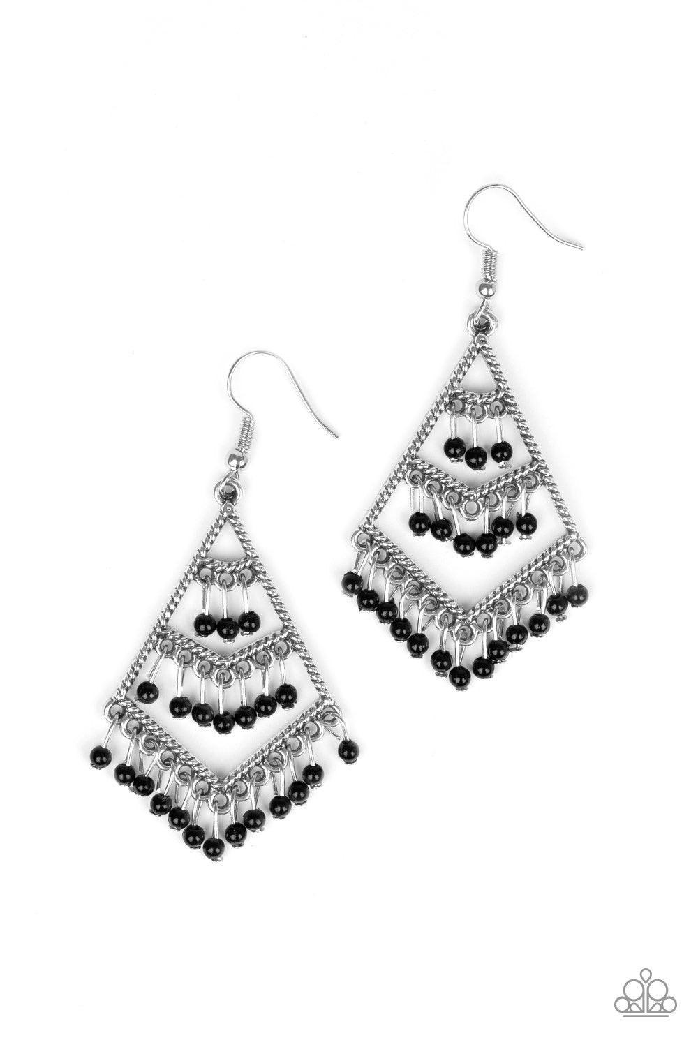 Paparazzi Accessories Kite Race - Black Rows of dainty black beads swing from an ornate silver kite-shaped frame, creating a tiered fringe. Earring attaches to a standard fishhook fitting. Jewelry