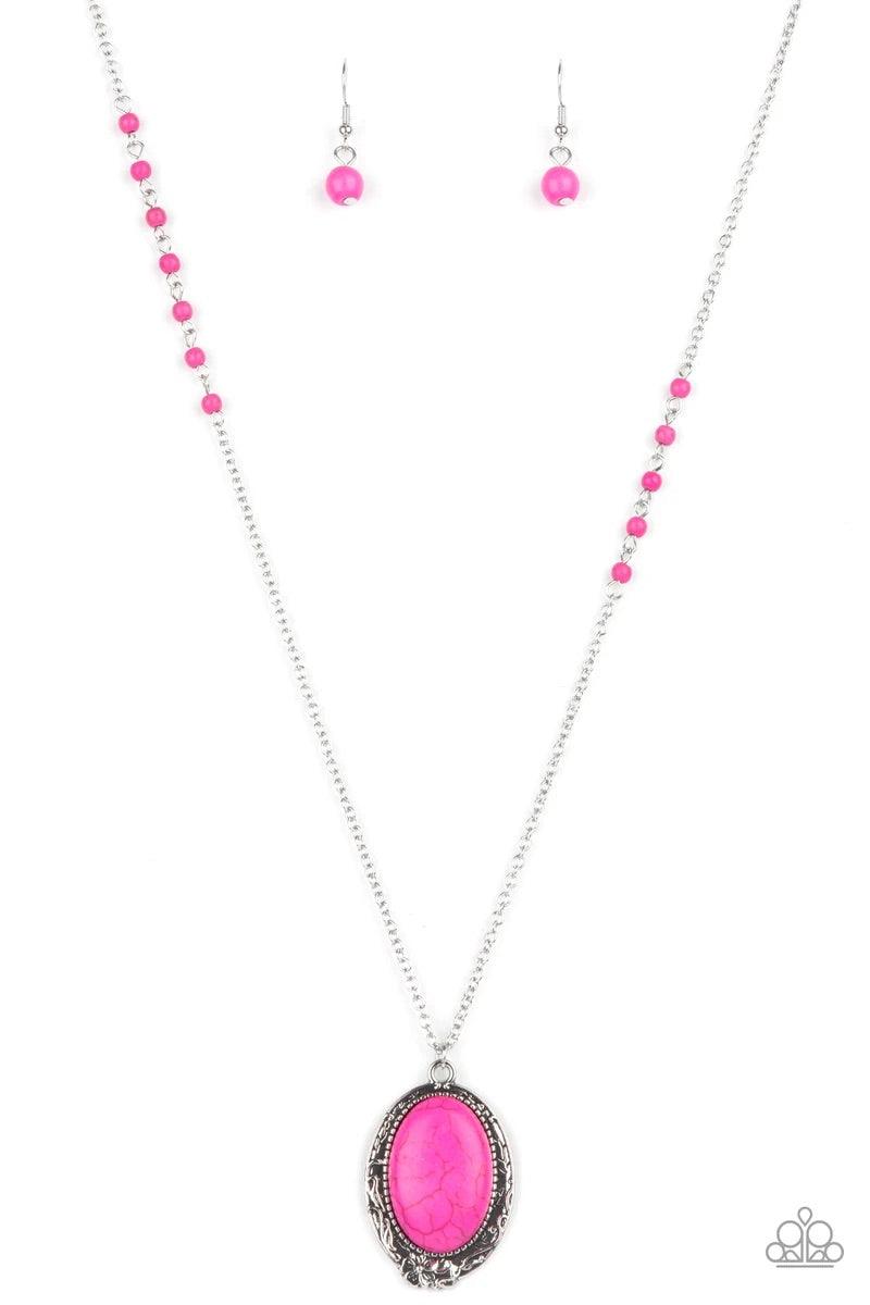 Paparazzi Accessories Plateau Paradise - Pink A dramatically oversized pink pearl gives way to two mismatched strands of classic pink pearls that graduate in size and imperfect finishes, adding a timeless twist to the classic pearl palette. Features an ad