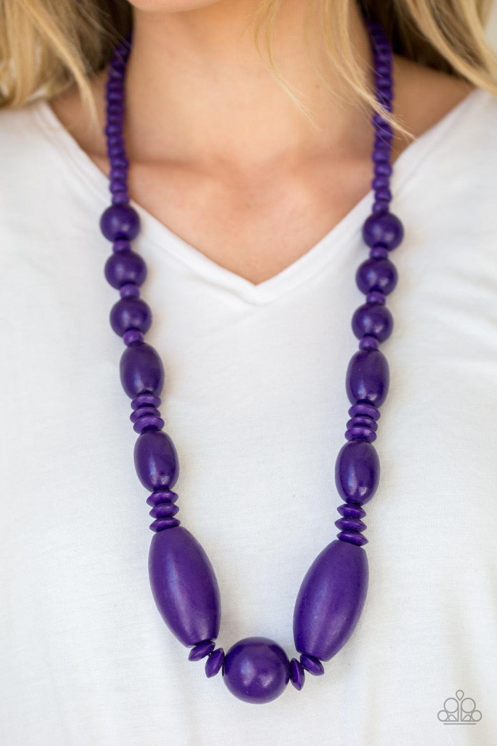 Paparazzi Accessories Summer Breezin - Purple A variety of purple wooden beads are threaded along a brown string draped across the chest for a summery flair. Jewelry